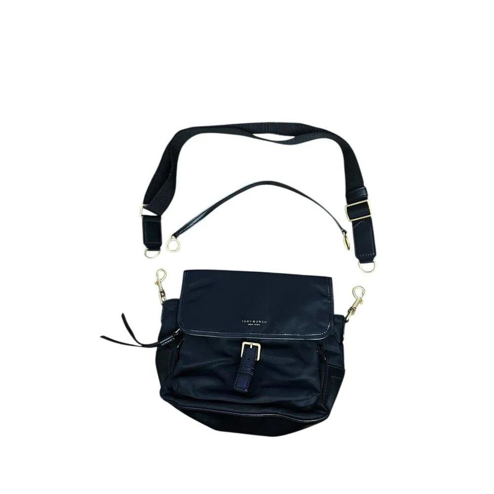 Tory Burch Perry Nylon Crossbody Shoulder Bag Black Strap Green Interior
